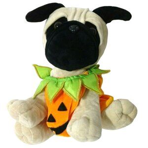 Plush Pug Dog with Pumpkin Costume 12" Stuffed Animal Halloween Jack O Lantern